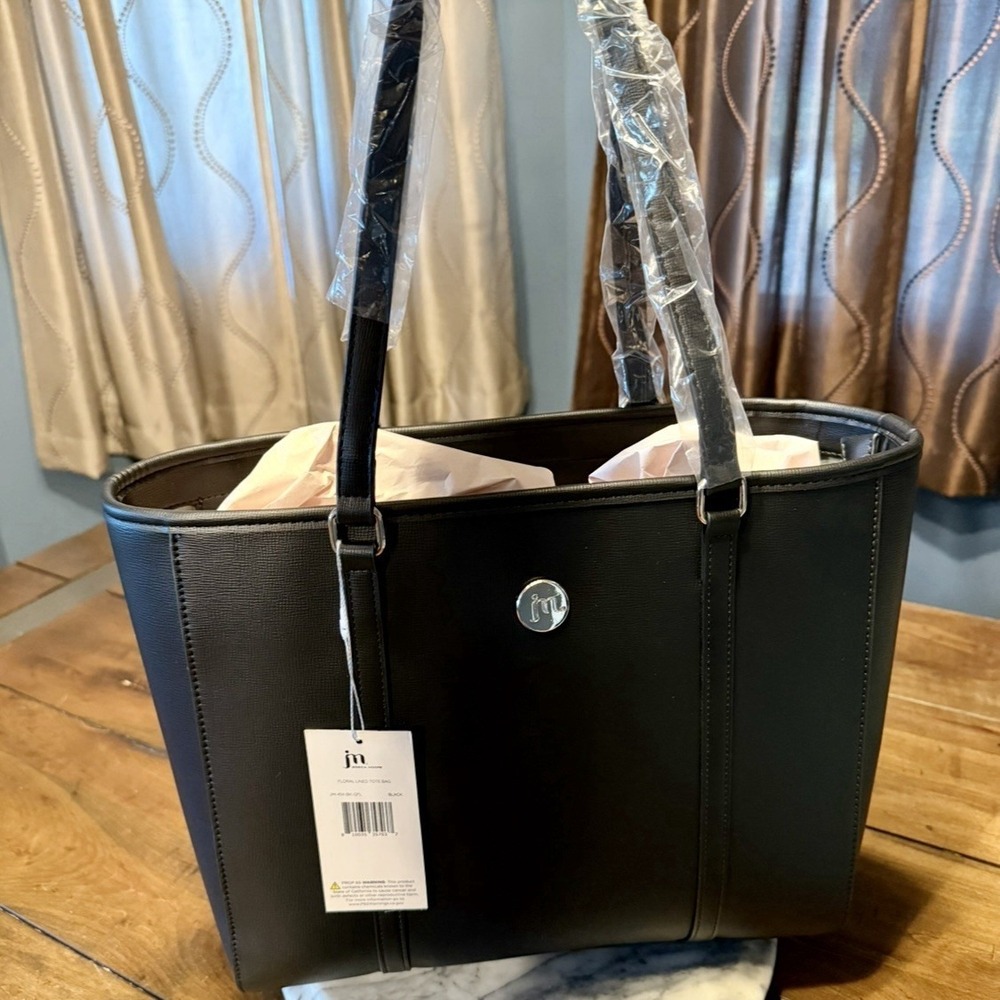 NEW! Jessica Moore Black Luxe Zip Purse Tote Bag Blue Floral Lining 15x11x4" TAG